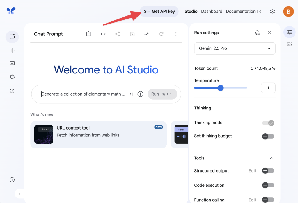 Google AI Studio dashboard with a red arrow pointing to the “Get API key” button.