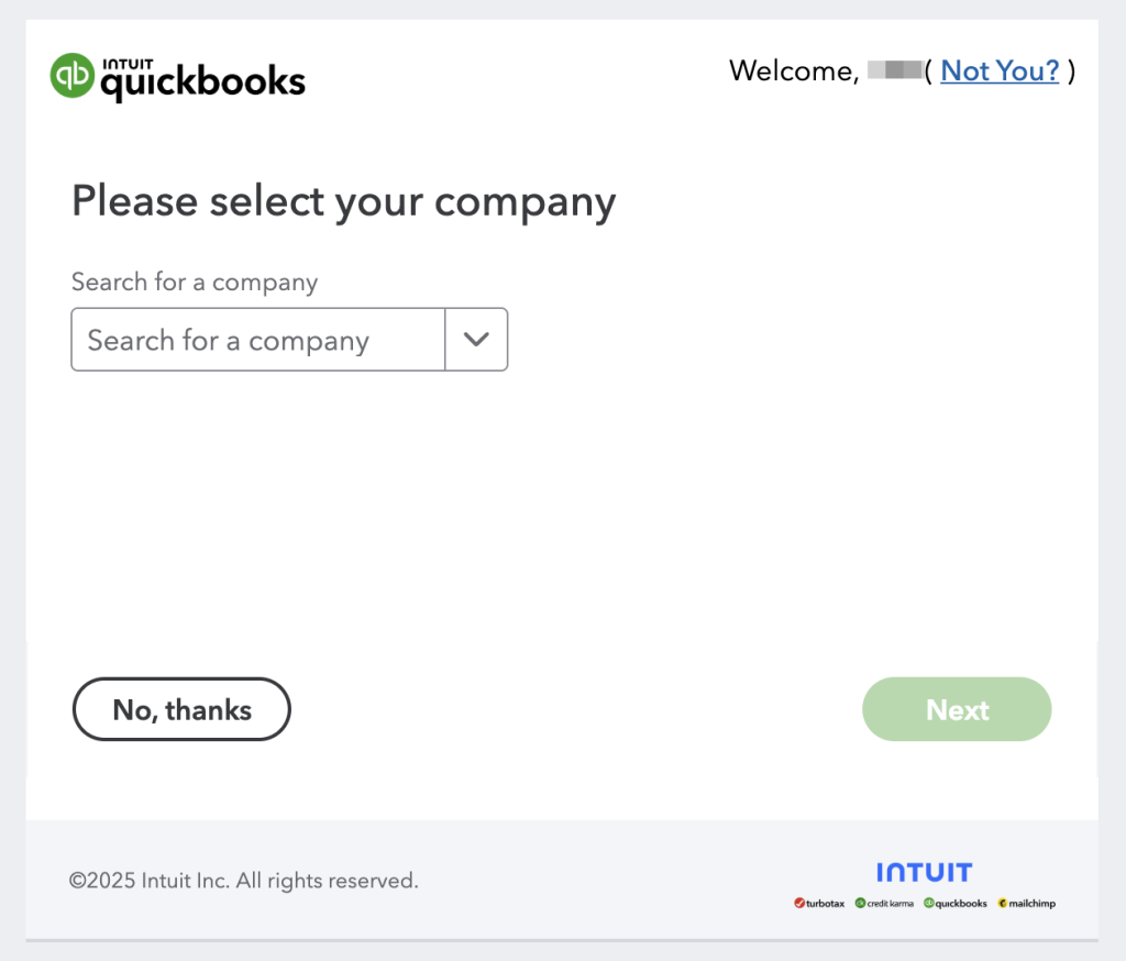 QuickBooks company selection screen showing "Please select your company" with a search dropdown, "No, thanks" and "Next" buttons at bottom.