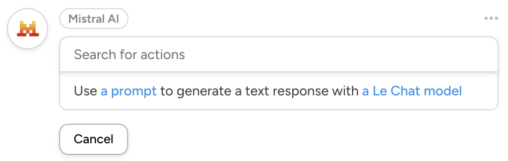 Uncanny Automator Mistral actions dropdown list, showing the action, “Use a prompt to generate a text response with a Le Chat model”.