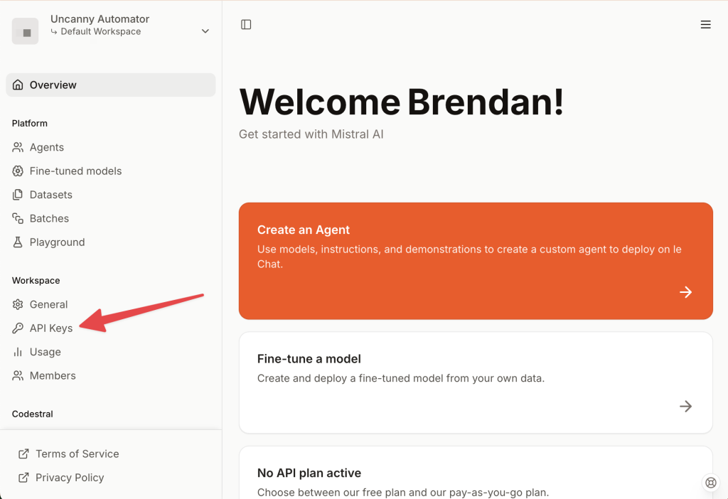 Mistral AI dashboard with a red arrow pointing to the API keys page in the left menu bar.