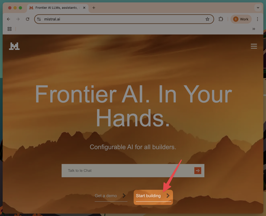 Mistral AI’s La Platforme registration page with a red arrow pointing to the “Start building”.