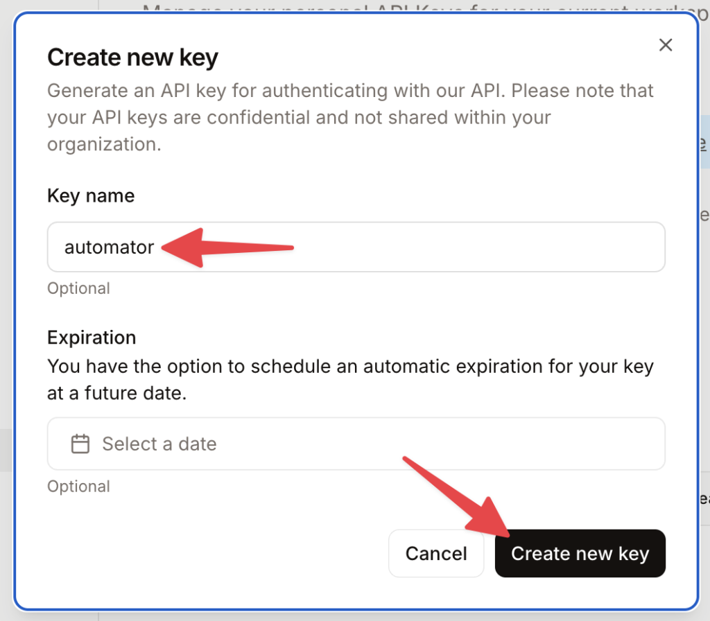 Mistral AI modal with a “Key name” field and “Expiration” field with an arrow pointing to the “Create new key” button.