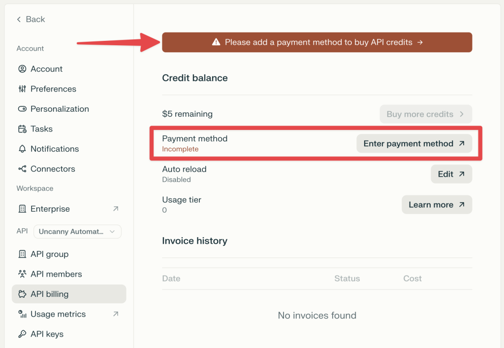 perplexity-api-billing Perplexity AI billing page showing $5 credit balance with incomplete payment method section highlighted in red.