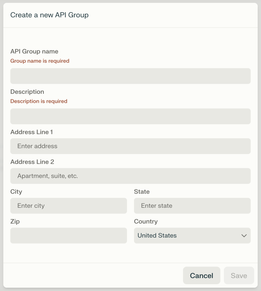 perplexity-api-group Perplexity modal to create a new API Group with fields for a Group name, description, and address.