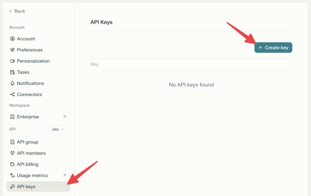 perplexity-create-api-key Perplexity AI API Keys page showing empty state with "Create key" button highlighted by red arrow in top right.