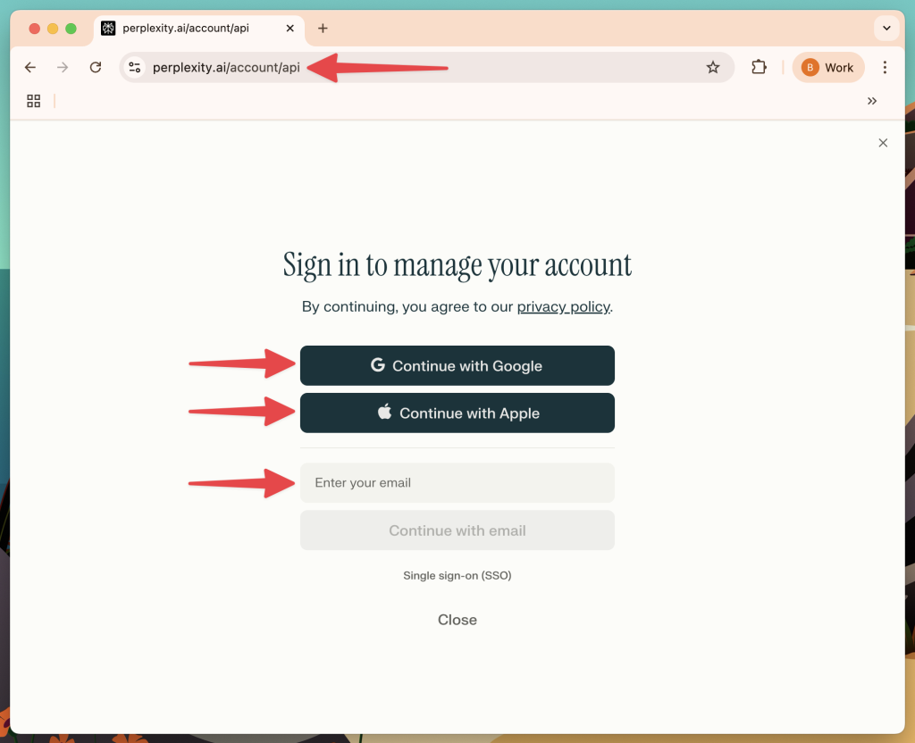 perplexity-login Perplexity AI sign-in page with options to continue with Google, Apple, or email, and a privacy policy link.