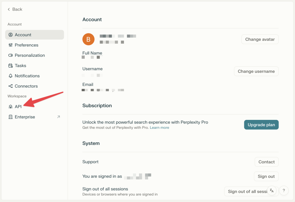 perplexity-workspace-api Perplexity AI account settings page with a red arrow pointing to “API”.