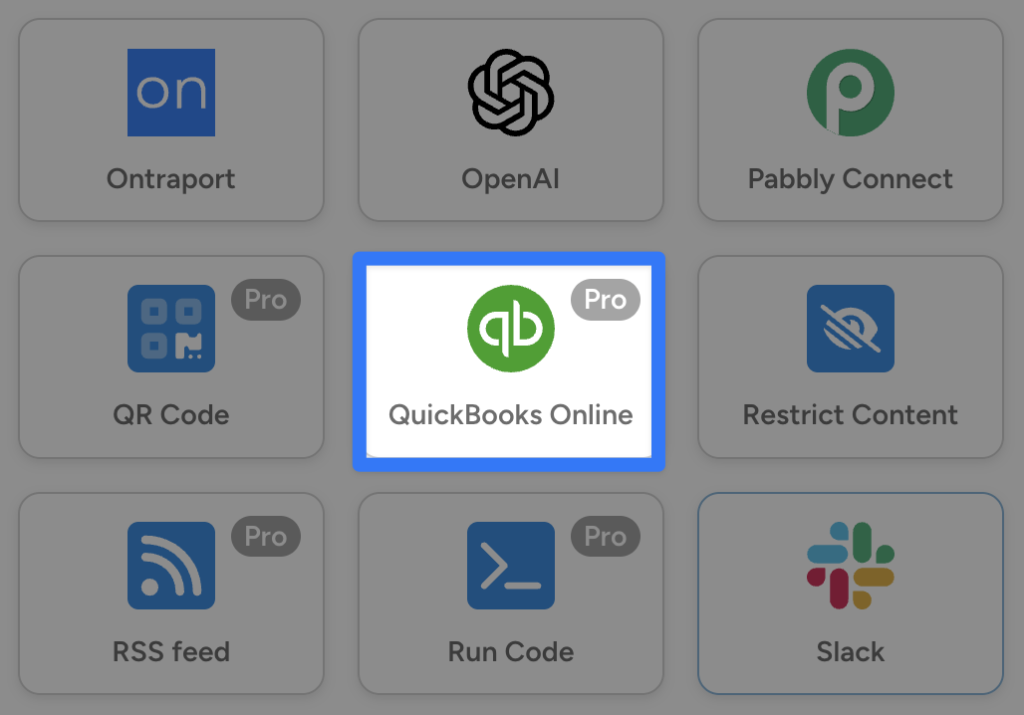 Automator grid of integration options showing QuickBooks Online highlighted in blue, along with other services like Ontraport, OpenAI, and Slack.