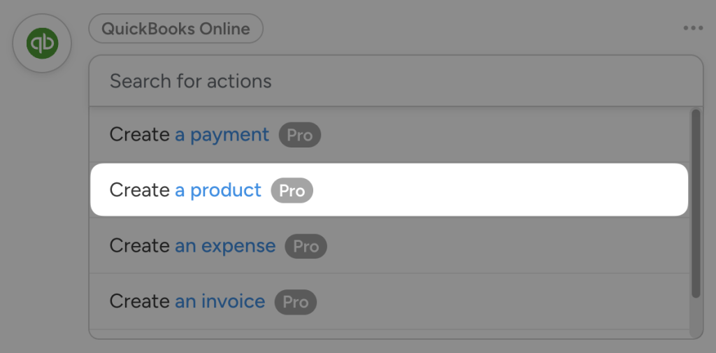 QuickBooks Online actions menu showing "Create a product" highlighted, with other options like create payment, expense, and invoice visible.