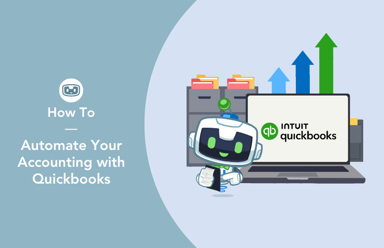 Automator mascot, U-Bot, presenting Uncanny Automator as a QuickBooks plugin for WordPress to automate accounting.