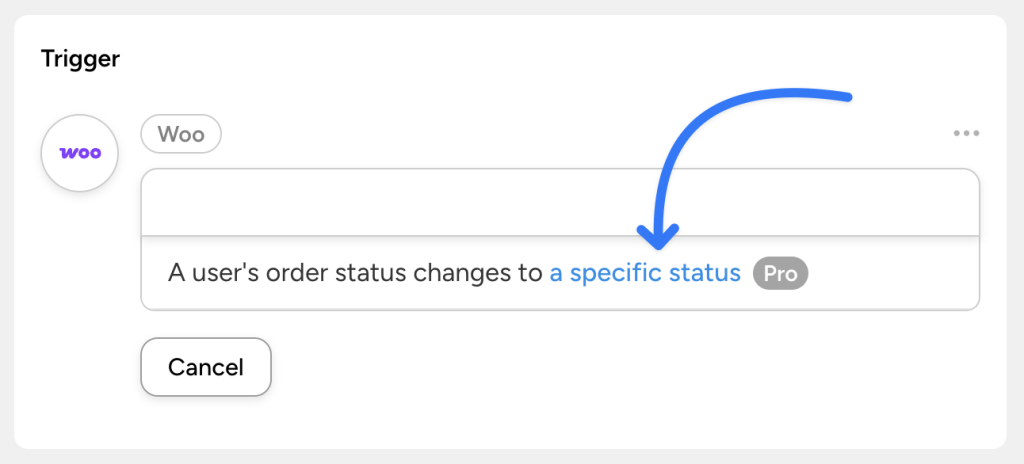 woo-trigger-users-order-status-changes Automator Woo trigger “A user’s order status changes to a specific status”.