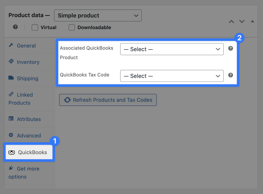 WooCommerce product editor showing QuickBooks plugin for WordPress settings, including dropdowns to select an associated QuickBooks product and tax code.