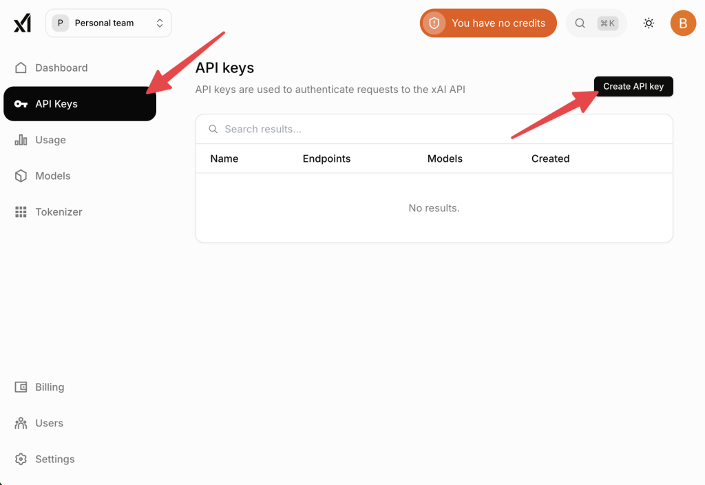 xAPI dashboard with a red arrow pointing to the “API Keys” tab in the left menu bar and another red arrow pointing to the “Create API key” button.