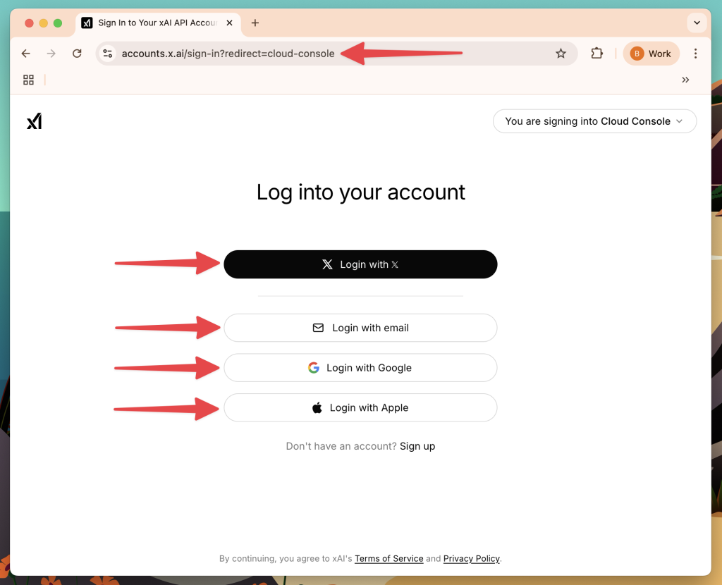 Cloud Console login and registration page with red arrows indicating different options for registering.