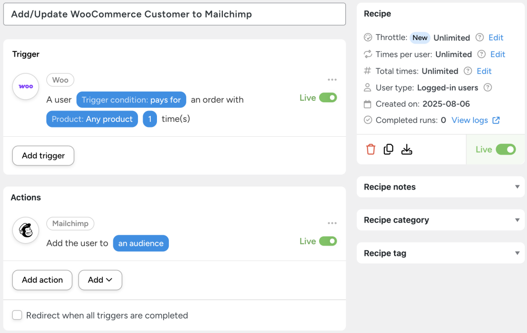 eCommerce automation with Woo trigger and Mailchimp action to add Woo customers to Mailchimp after payment completion.