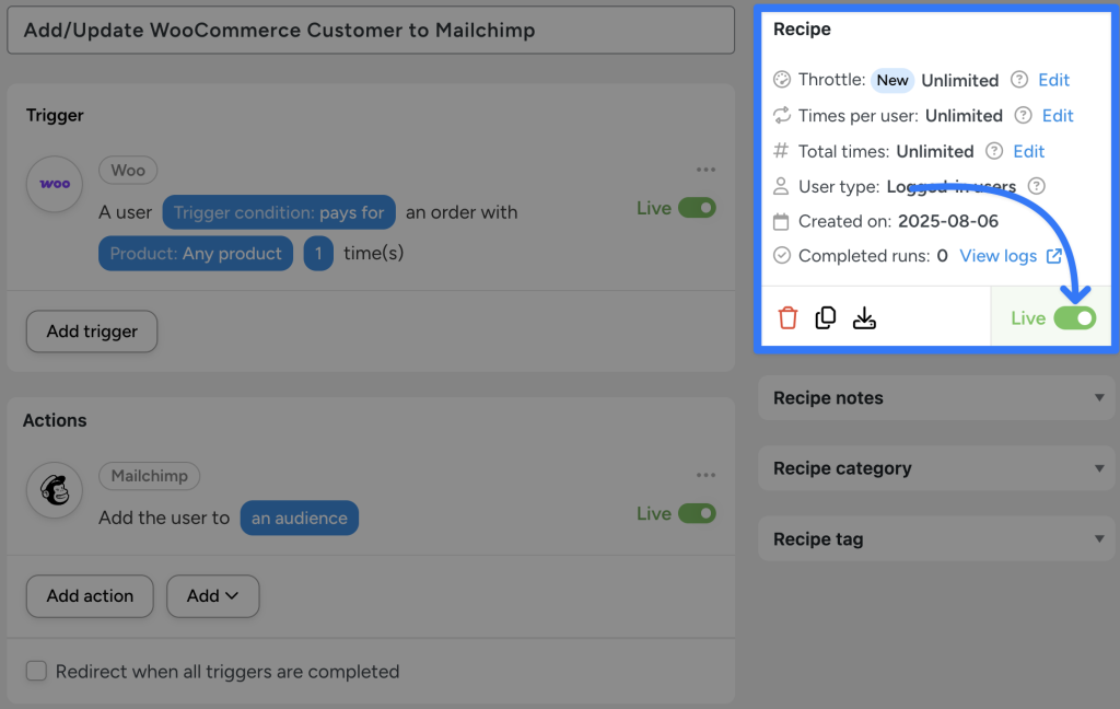 eCommerce automation to add Woo customers to Mailchimp after payment completion, with an arrow indicating that the automation is “Live”.