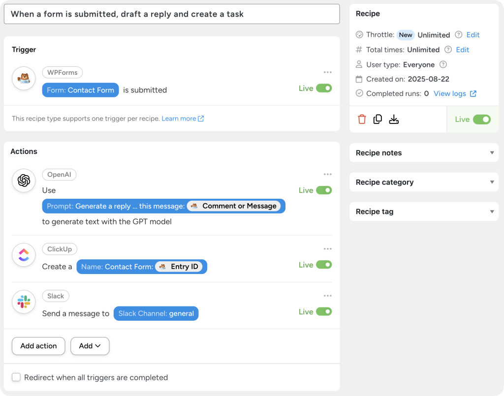 Automator recipe showing a WPForms submission triggering an OpenAI reply, a ClickUp task, and a Slack message, demonstrating an agentic AI workflow.
