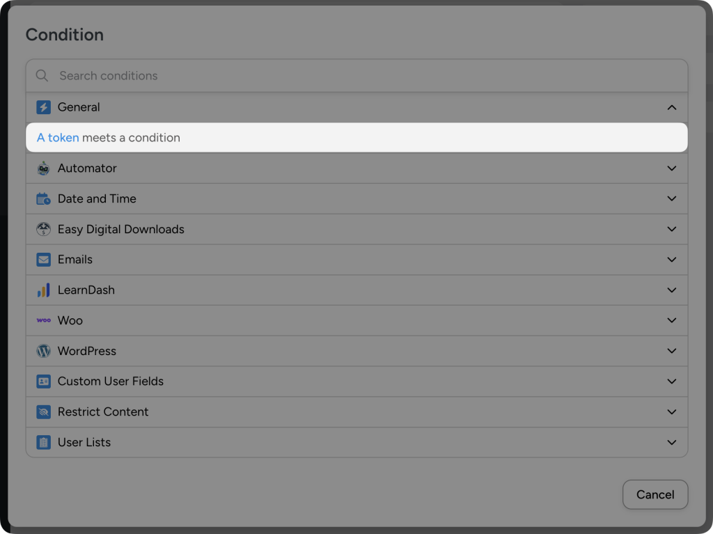 Automator modal for setting filter conditions. The user has highlighted the condition “A token meets a condition.