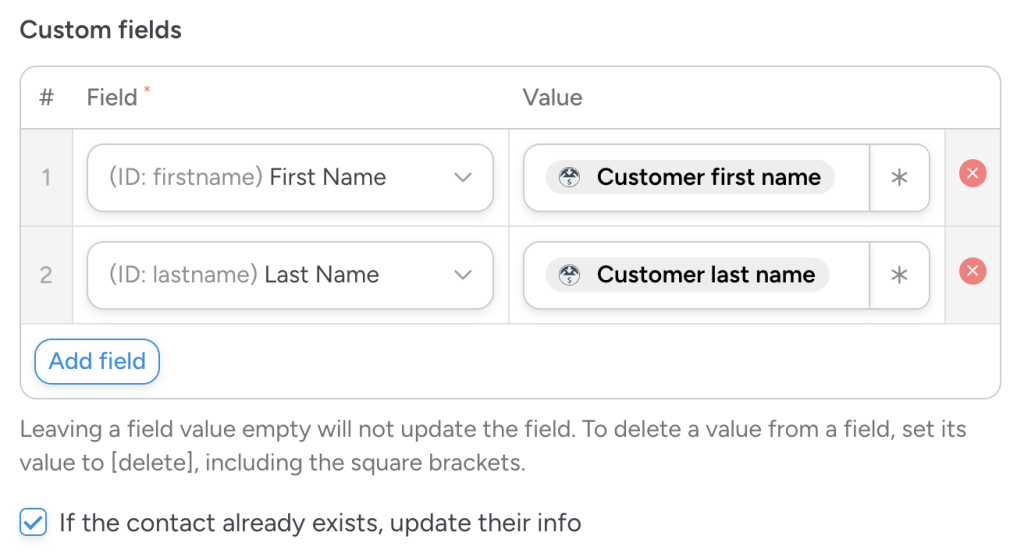 Custom fields with mapped first and last name values and update contact option checked.
