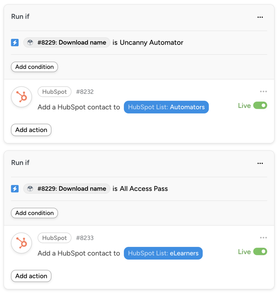 Automator HubSpot actions to add users to different static lists based on the EDD purchase that they made.