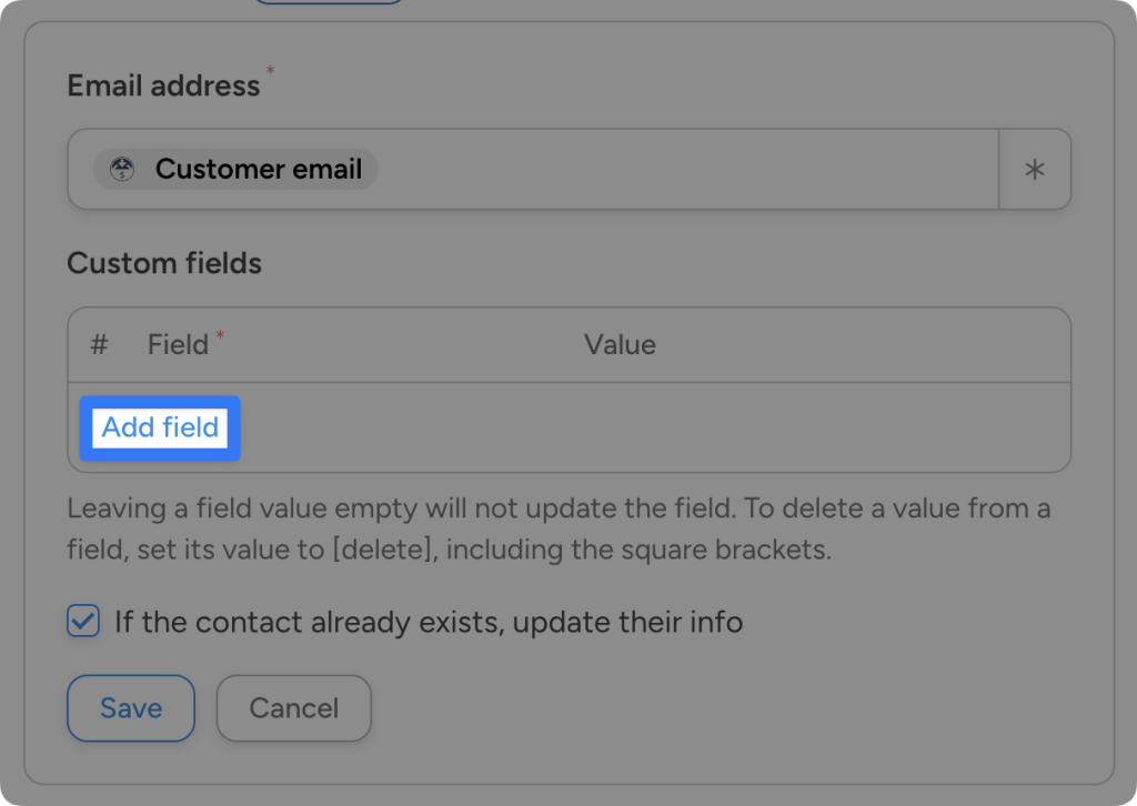 Field mapping interface in a contact creation form. The “Add field” button is highlighted and appears under the custom fields section for adding more data to HubSpot during user onboarding.