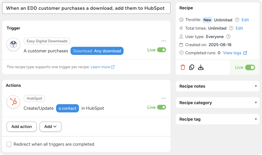 User onboarding recipe in Uncanny Automator with EDD trigger and HubSpot action. Trigger: “A customer purchases any download.” Action: “Create/Update a contact in HubSpot.”