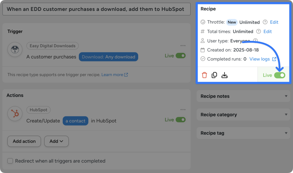 User onboarding recipe in Uncanny Automator with EDD trigger and HubSpot action. The Recipe is live and set to run unlimited times for all users.