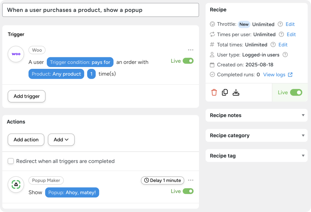 Automator recipe for user onboarding. Woo purchase triggers a Popup Maker popup.