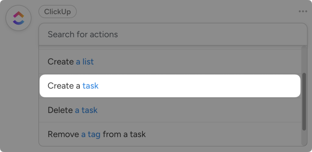 Automator actions dropdown list for ClickUp. The action “Create a task” is highlighted”.