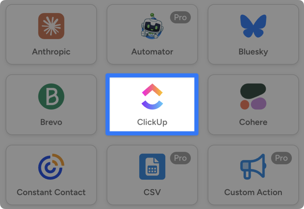 Grid of WordPress integrations. The ClickUp integration is highlighted.