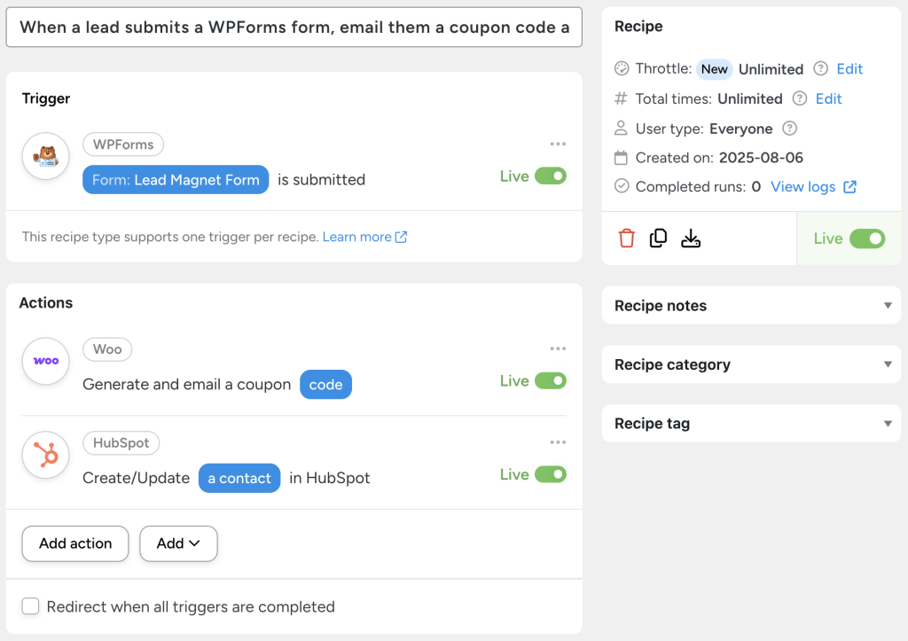 Uncanny Automator recipe showing ecommerce automation for small businesses: email WooCommerce coupon and add/update HubSpot when WPForms is submitted.