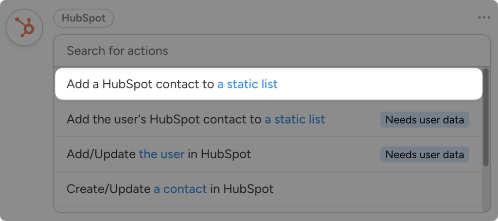 Automator action dropdown list for HubSpot. The action “Add a HubSpot contact to a static list” is highlighted.