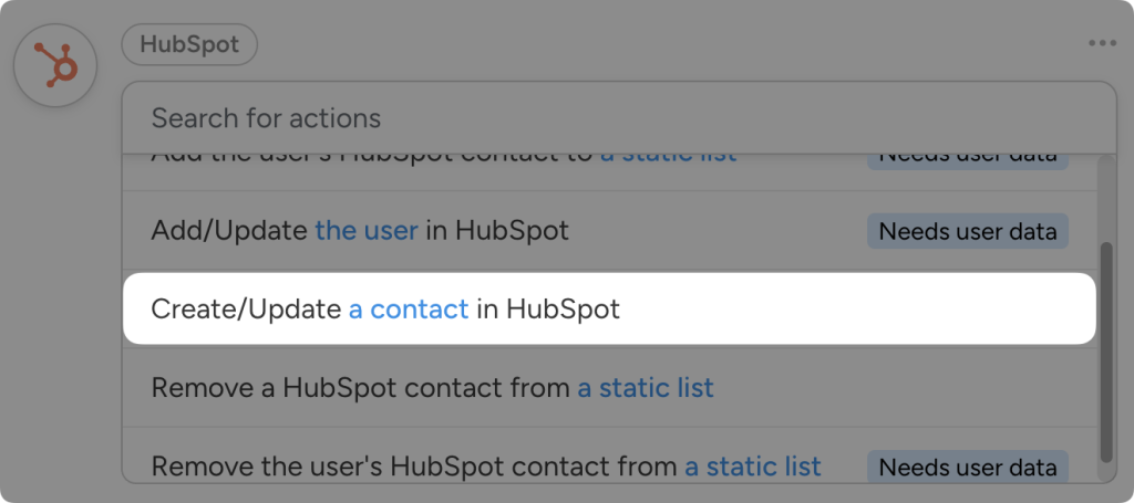 Automator HubSpot action dropdown list. The action “Create/Update” a contact in HubSpot is highlighted.