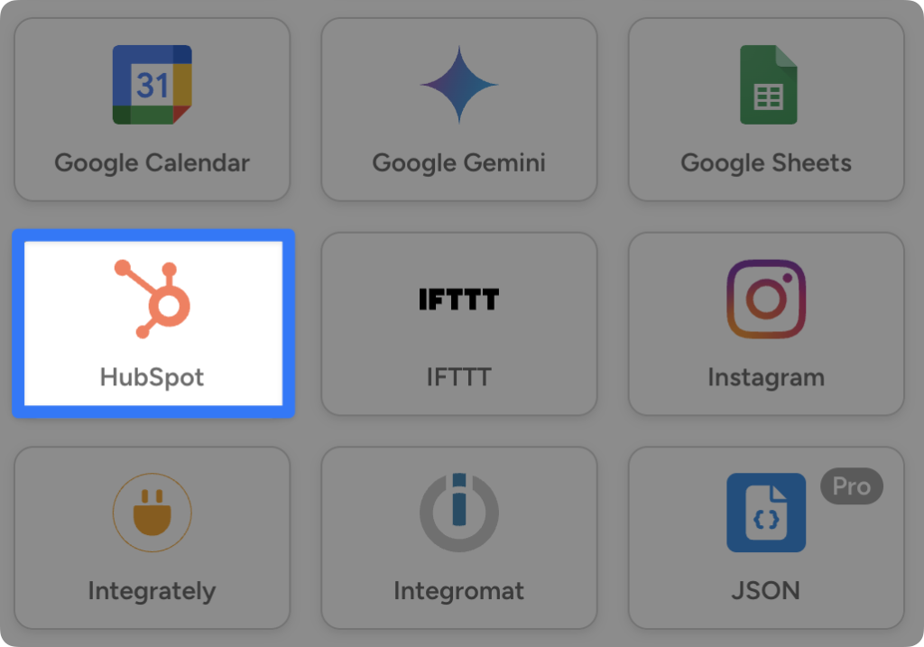 Highlighted HubSpot integration tile among other app icons in Automator plugin interface.