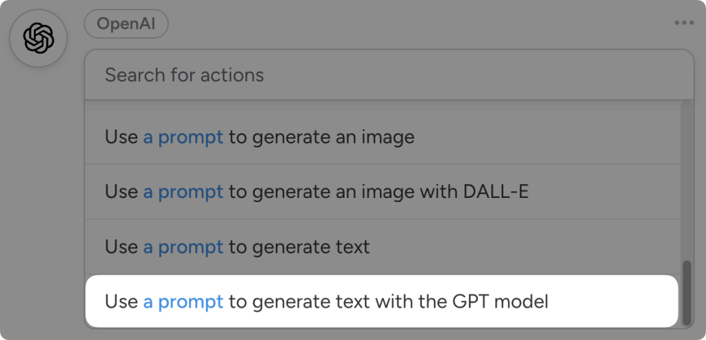 openai-actions-use-prompt-generate-text-gpt-model Automator actions dropdown list for OpenAI. The action “Use a prompt to generate text with the GPT model” is highlighted.