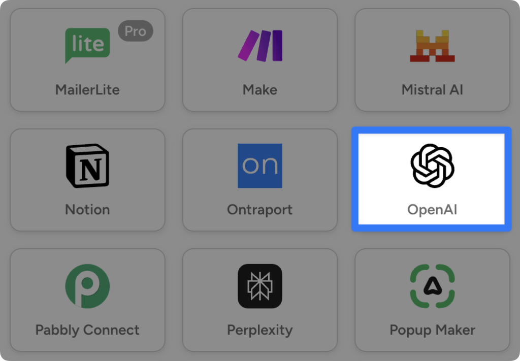 openai-integration Grid of Automator integrations for WordPress. The OpenAI integration is highlighted.