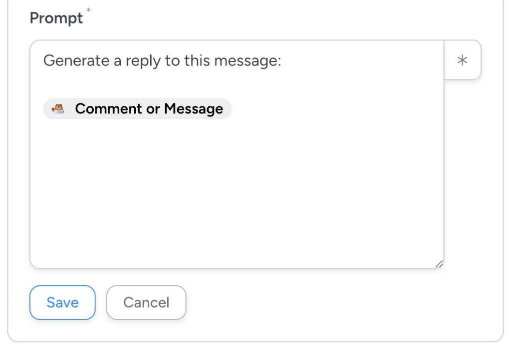 Prompt field with the instruction "Generate a reply to this message:" and a WPForms token labeled “Comment or Message”.