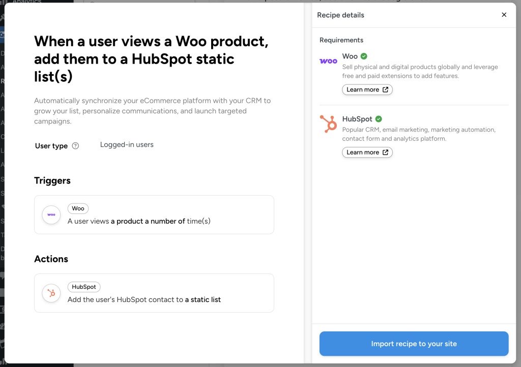 Automator recipe template modal for a recipe that adds users to HubSpot lists based on product views.