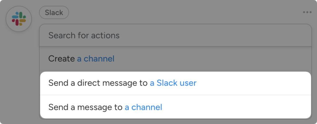 Automator actions dropdown list for Slack. The Slack actions “Send a direct message to a Slack user” and “Send a message to a channel” are highlighted.