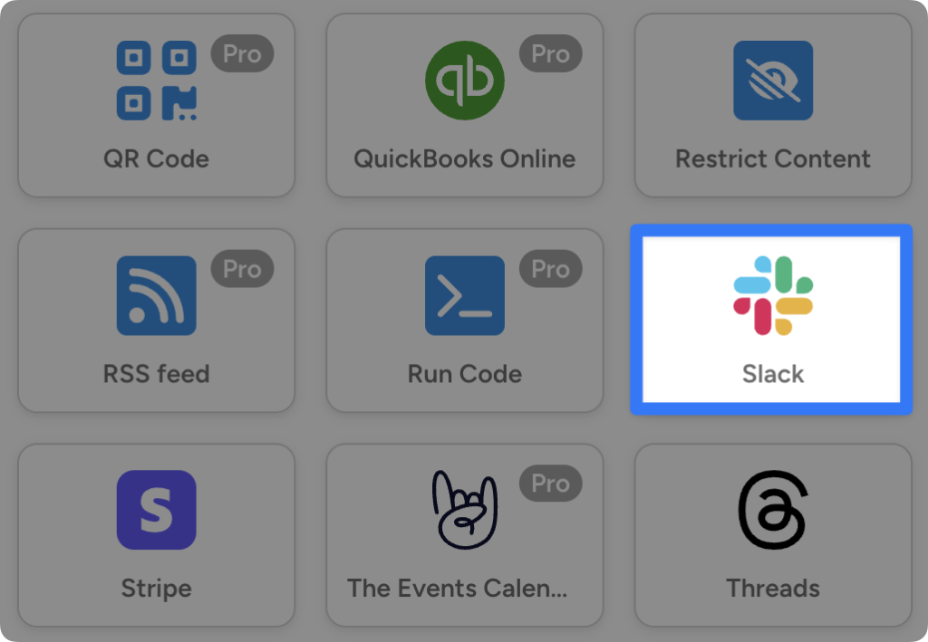 Grid of WordPress integrations. The Slack integration is highlighted.