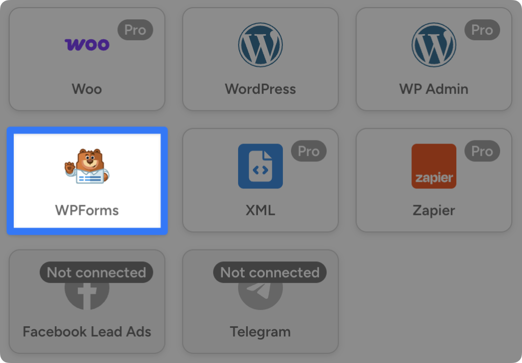 wpforms-integration Grid of Automator integrations for WordPress. WPForms is highlighted.