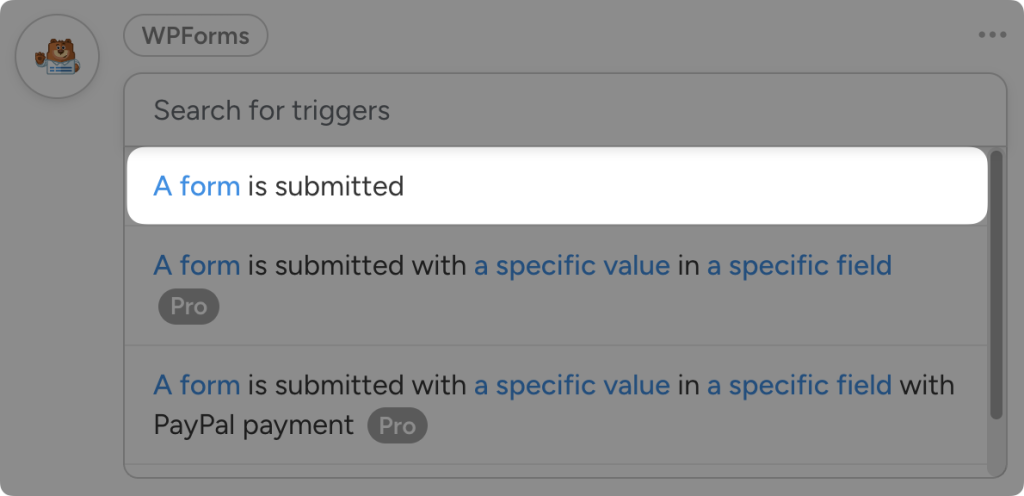 Automator actions dropdown list for WPForms. The action “A form is submitted” is highlighted.