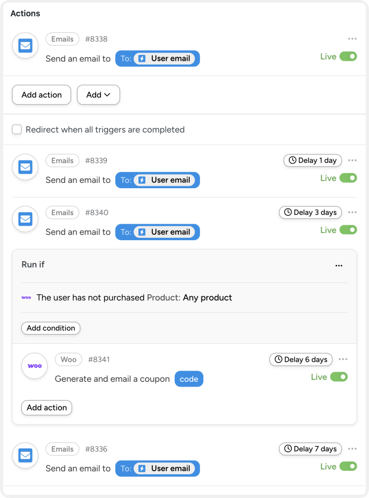 Automator recipe with multiple actions for an automated welcome email drip campaign. Actions include sending emails to the user after 1, 3, and 7 days, plus generating and emailing a coupon after 6 days if no purchase is made.