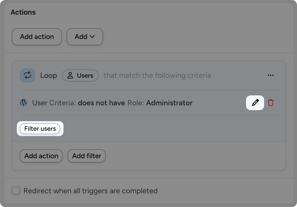 Automator’s User loop configuration. The user has highlighted the “Edit” icon and the “Filter users” button.
