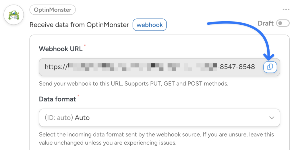 Uncanny Automator webhook URL field for OptinMonster with copy button highlighted, showing auto data format setting.