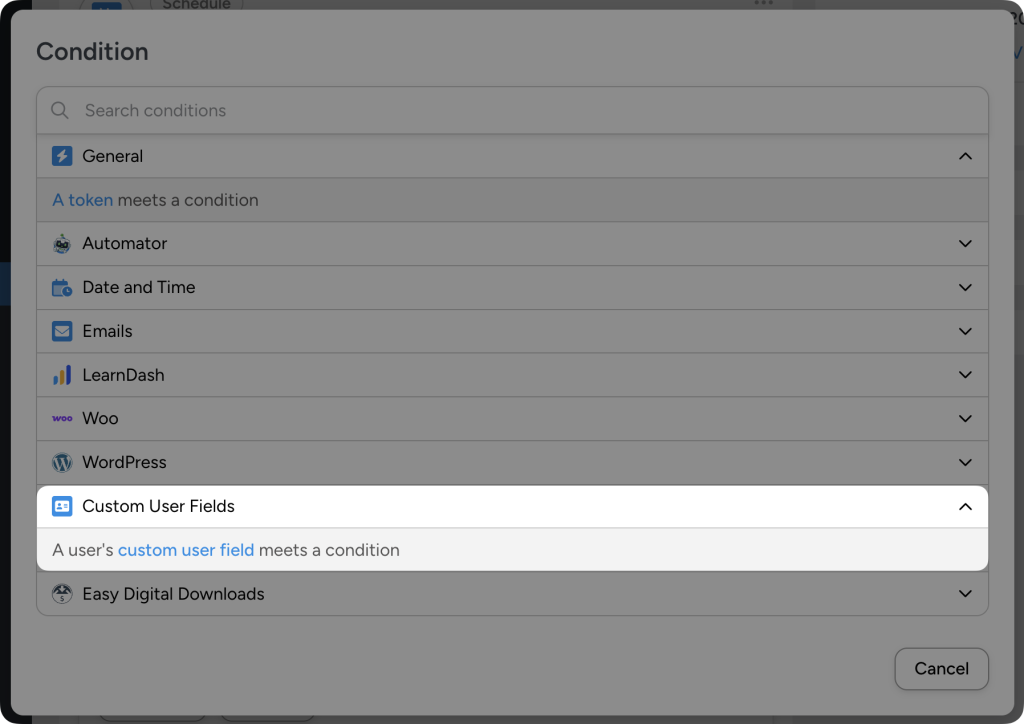 Condition selection menu with Custom User Fields expanded showing 'custom user field meets a condition' option.