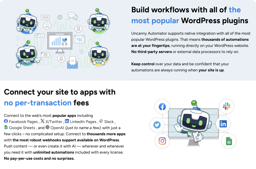 Uncanny Automator WordPress plugin marketing page showing robot mascots, U-Bots, connecting various apps and plugins.