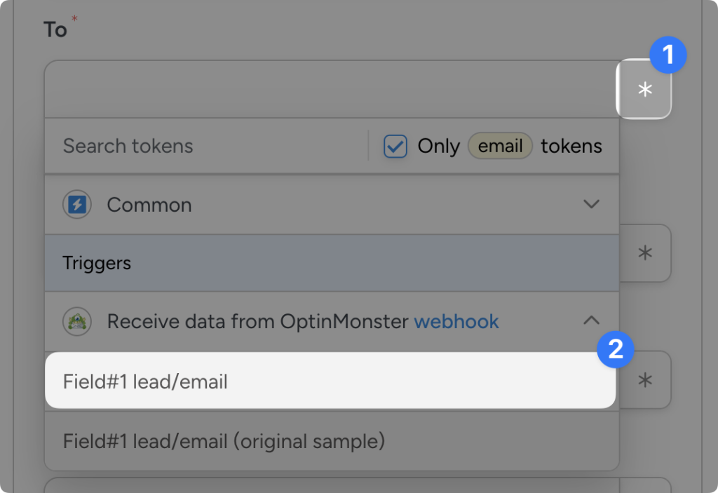 Email token selection interface in Uncanny Automator showing OptinMonster webhook trigger with 'Field#1 lead/email' token highlighted for insertion.
