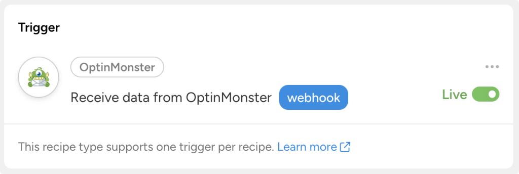 “Receive data from OptinMonster webhook” trigger in Ucanny Automator. The trigger is “Live”.