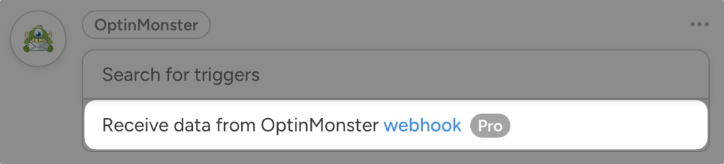 Uncanny Automator OptinMonster trigger dropdown list. The trigger “Receive data from OptinMonster webhook” is highlighted.